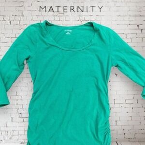 Motherhood maternity green ruched 3/4 sleeve jersey shirt. Sz S.